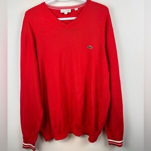 Lacoste Mens Red V Neck Cotton Sweater XL Green Crocodile Logo Lightweight